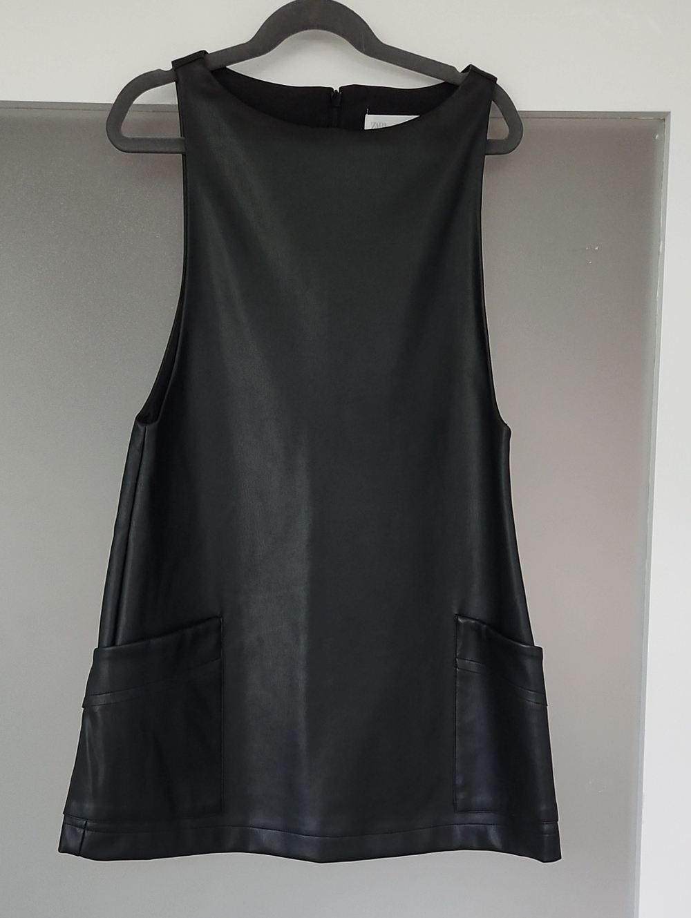Zara Black Faux Leather Sleeveless Shift Dress with Pockets
